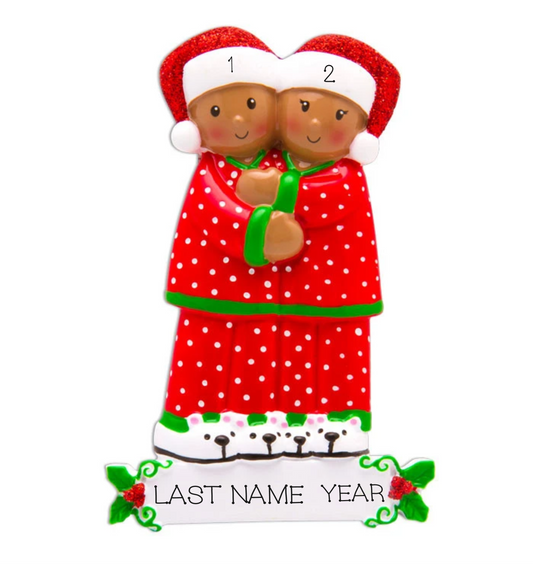 Pajama Family of 2, Personalized Ornament, Dark Skin, African American