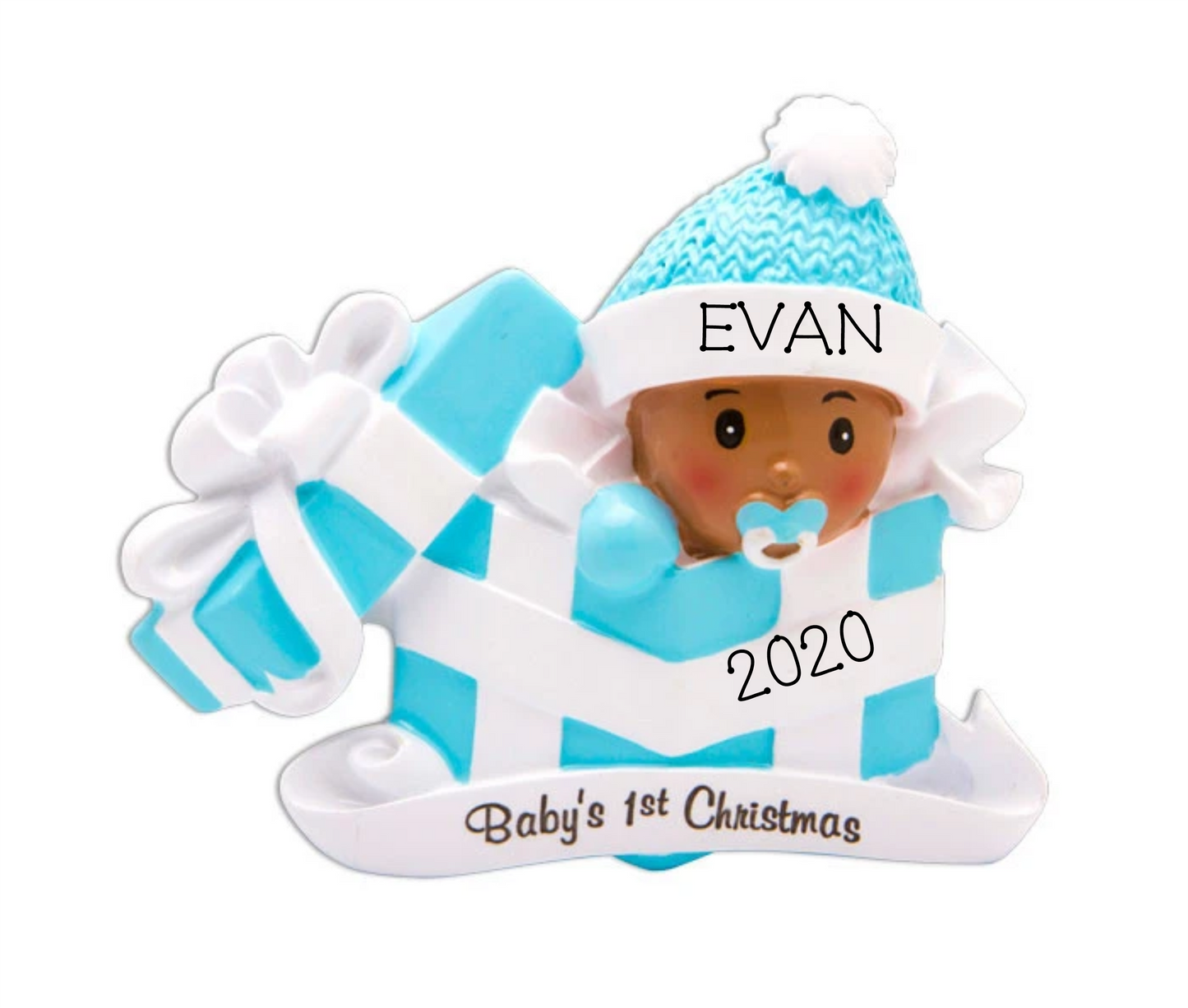 Baby's First Christmas - Dark Skin Boy, Personalized Christmas Ornament