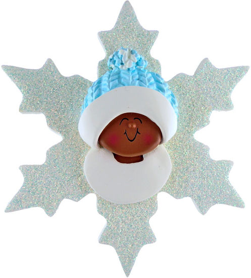 Sparkle Snowflake Baby Boy- Dark Skin, African American, Personalized Christmas Ornament