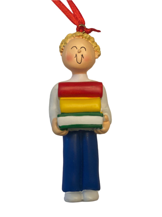 Student with books, Blonde Hair, Male- Personalized Christmas Ornament