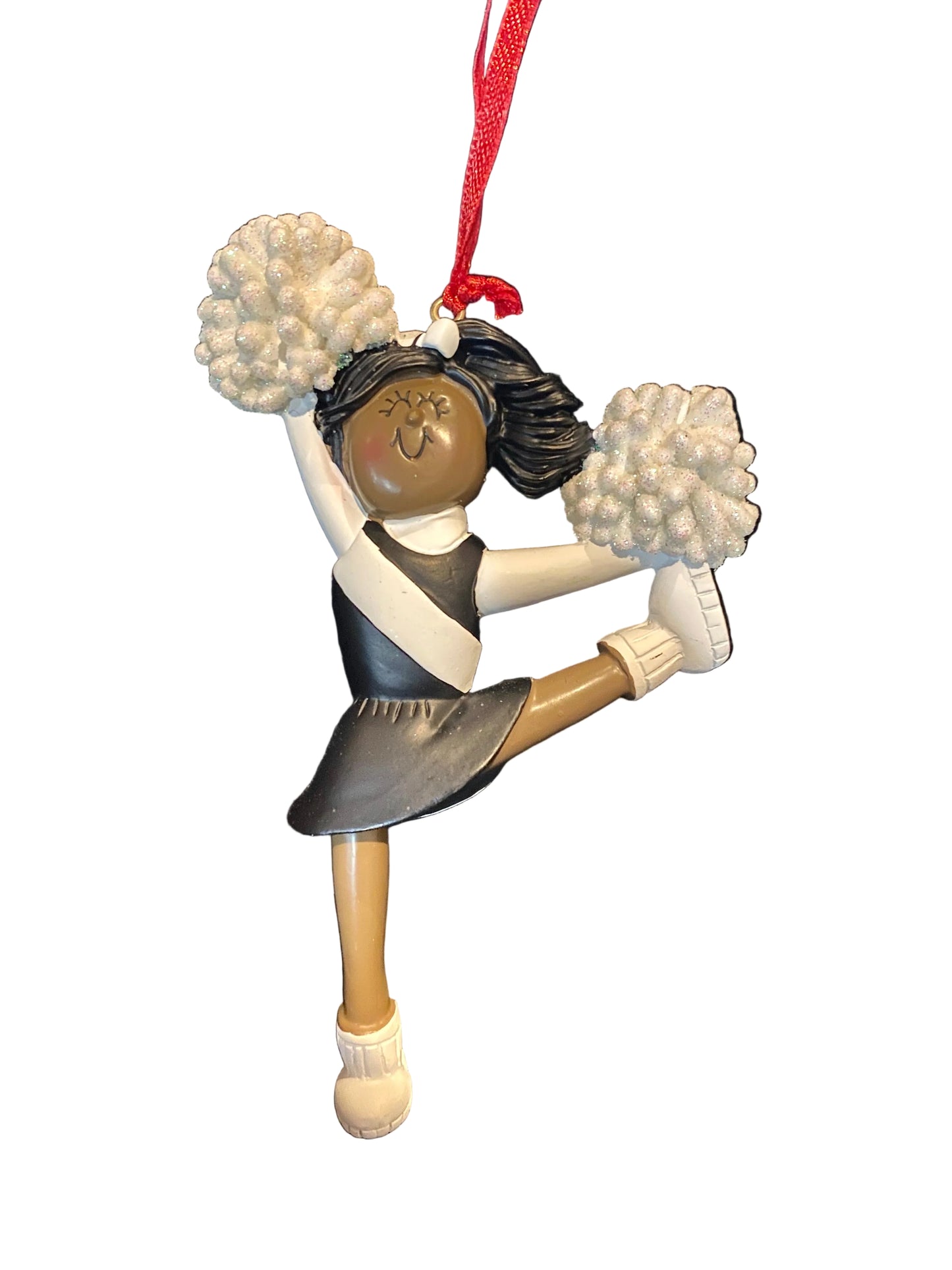 A personalized holiday ornament featuring a cheerleader in a black uniform with white accents and dark skin, with the option to customize with a name and year.