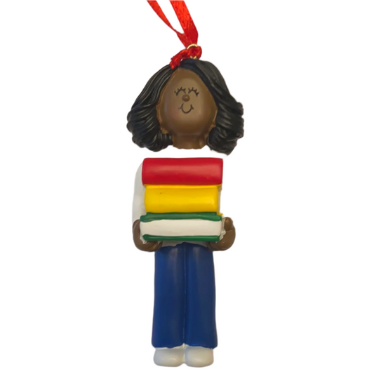 Student with books, Dark Skin, Female- Personalized Christmas Ornament