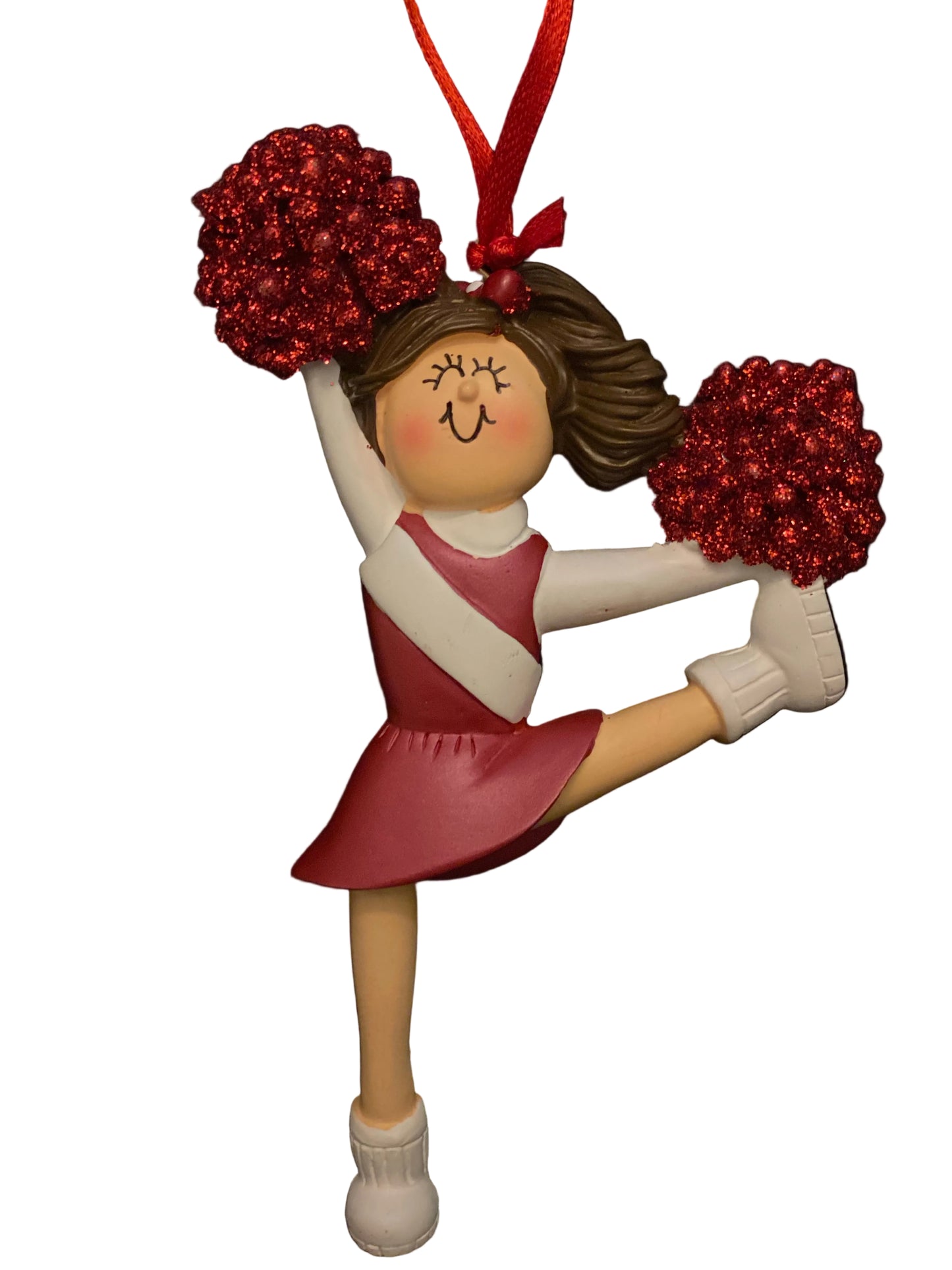 Cheerleader with Brown Hair and Red Uniform- Personalized Ornament