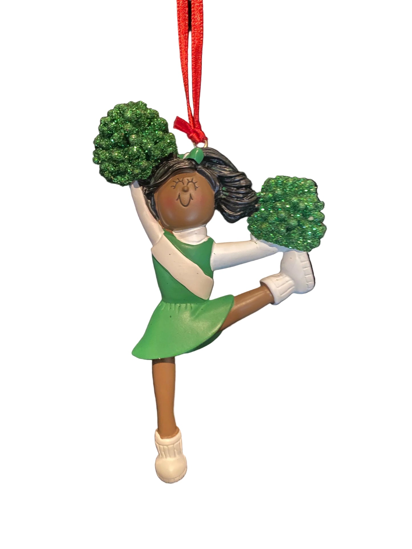Cheerleader with Green Uniform, Dark Skin- Personalized Ornament