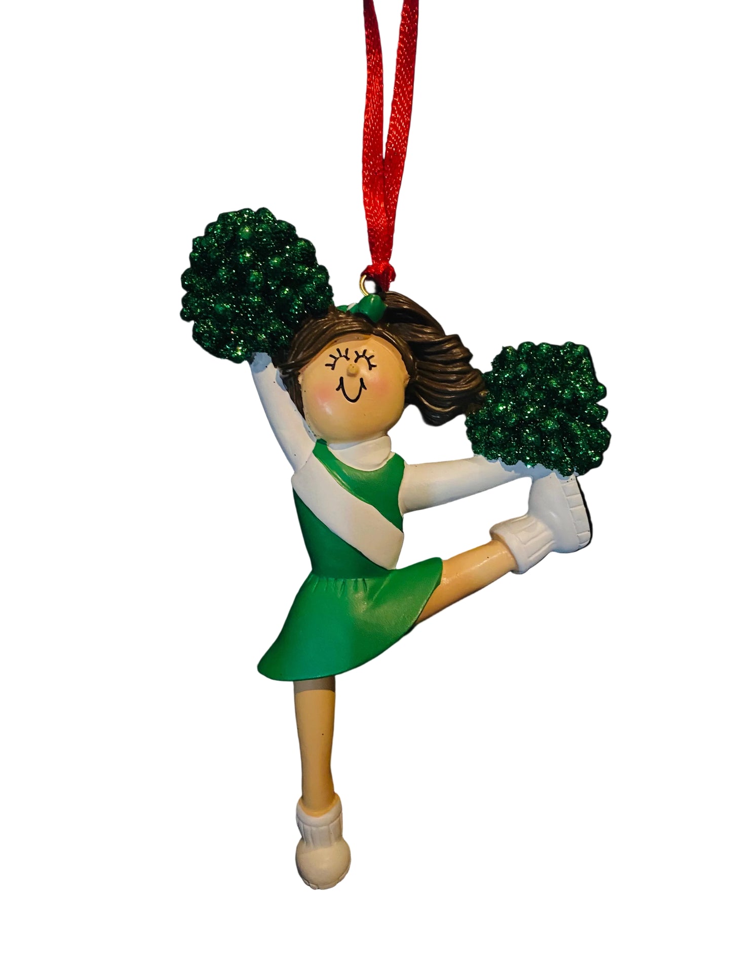 Cheerleader with Brown Hair and Green Uniform- Personalized Ornament