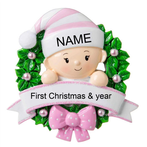 Baby Girl in wreath - Personalized Christmas Ornament