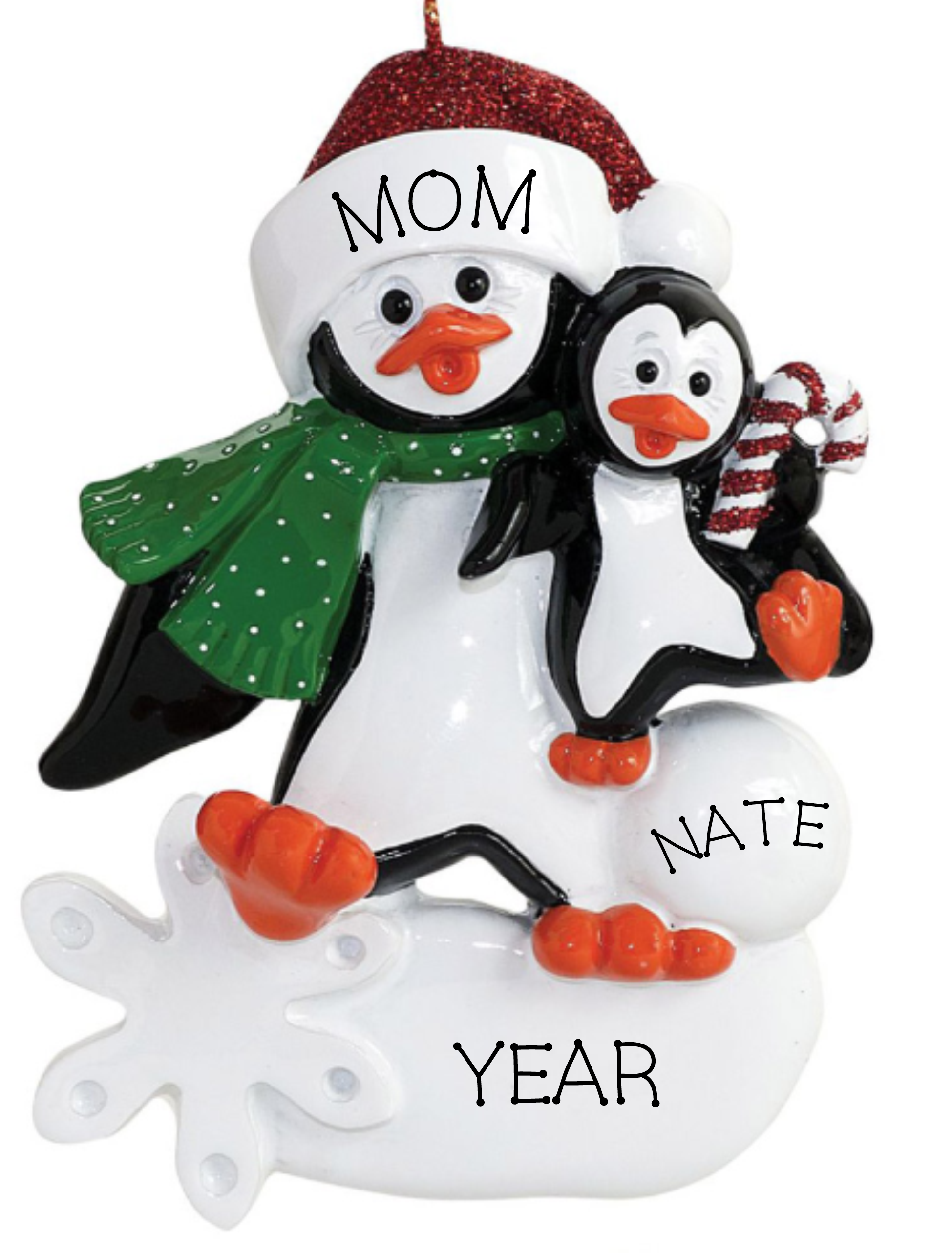 Single Parent Penguin, with one child- Personalized Ornament