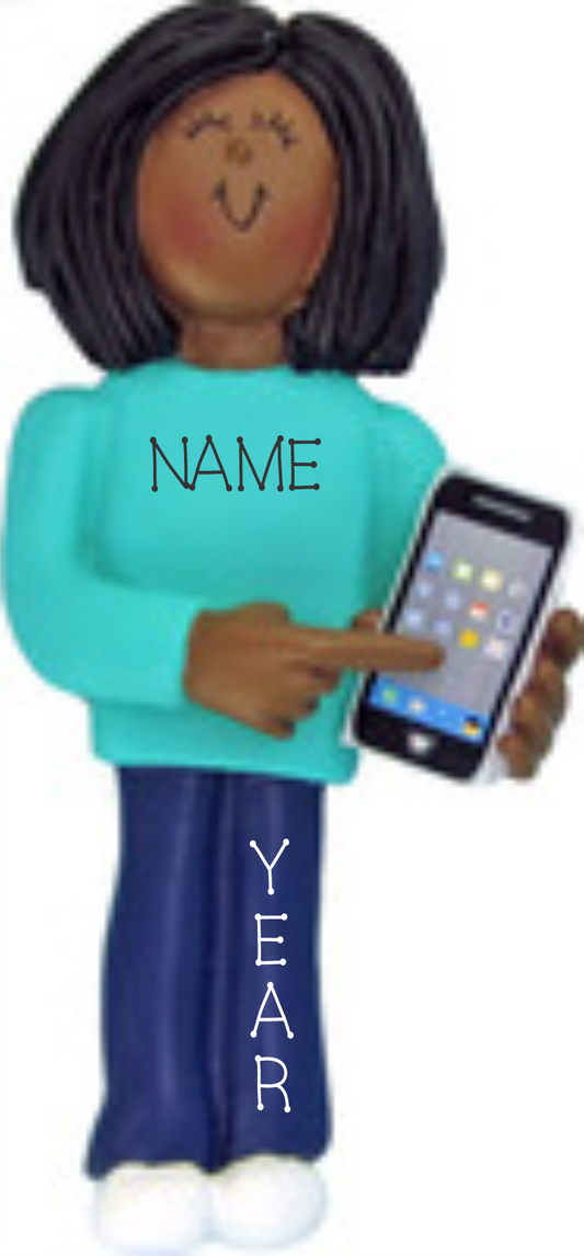 Smart Phone Personalized Ornament, Dark Skin Female