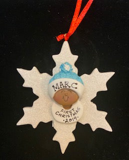 Sparkle Snowflake Baby Boy- Dark Skin, African American, Personalized Christmas Ornament