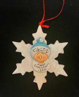Sparkly Snowflake Baby Boy- Light Skin, Personalized Christmas Ornament