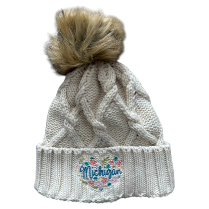 Michigan Embroidered Pom Beanie