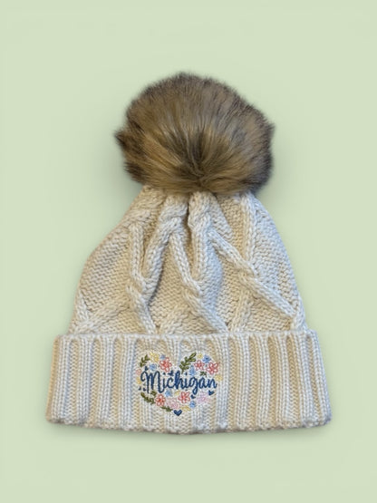 Michigan Embroidered Pom Beanie