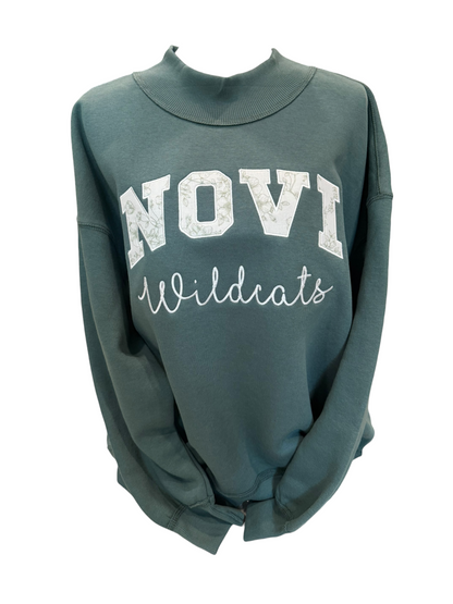 NOVI green and ivory floral applique mockneck