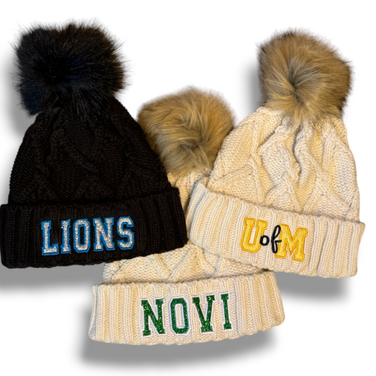 Sparkle Pom Beanie Hat, Custom Lettering