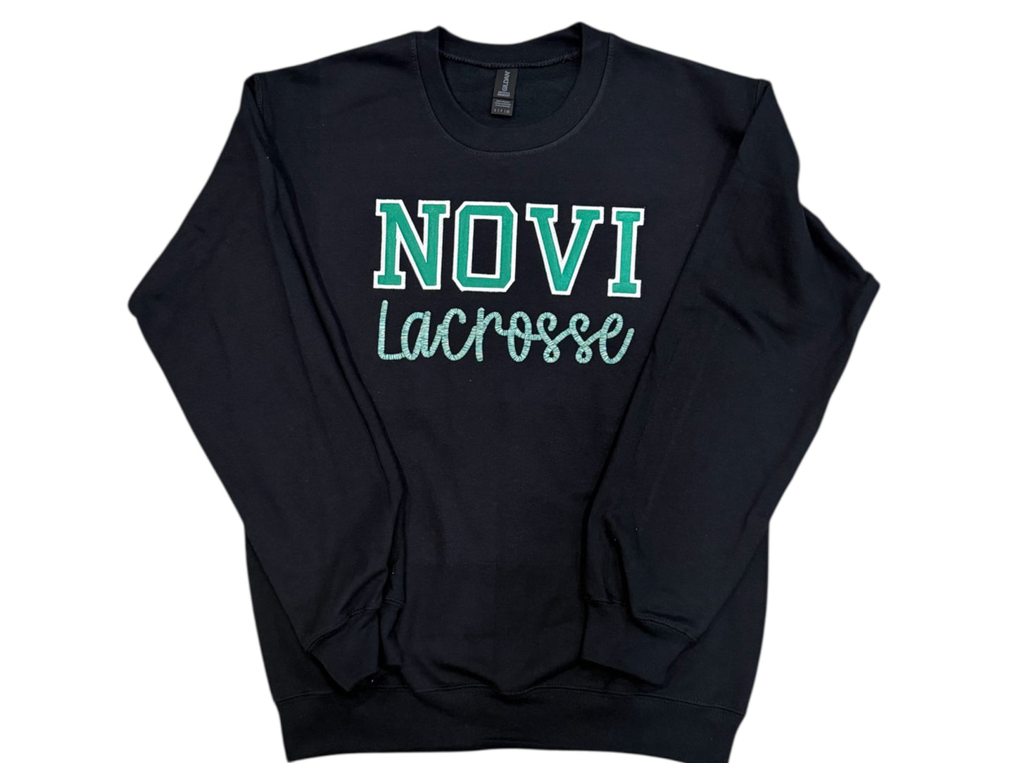 Novi Lacrosse Crewneck Sweatshirt - embroidered Varsity Letter applique and cursive