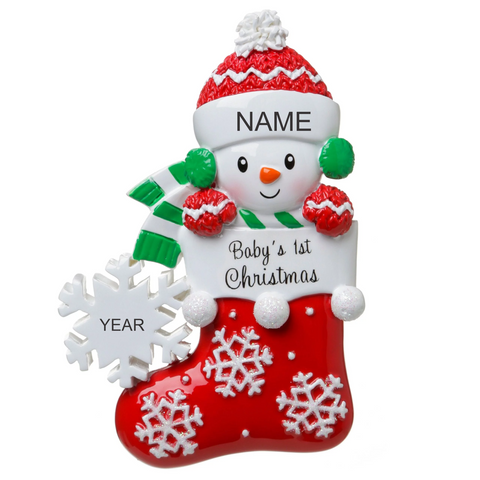 Baby's 1st Christmas Stocking Snowman- Personalized Christmas Ornament