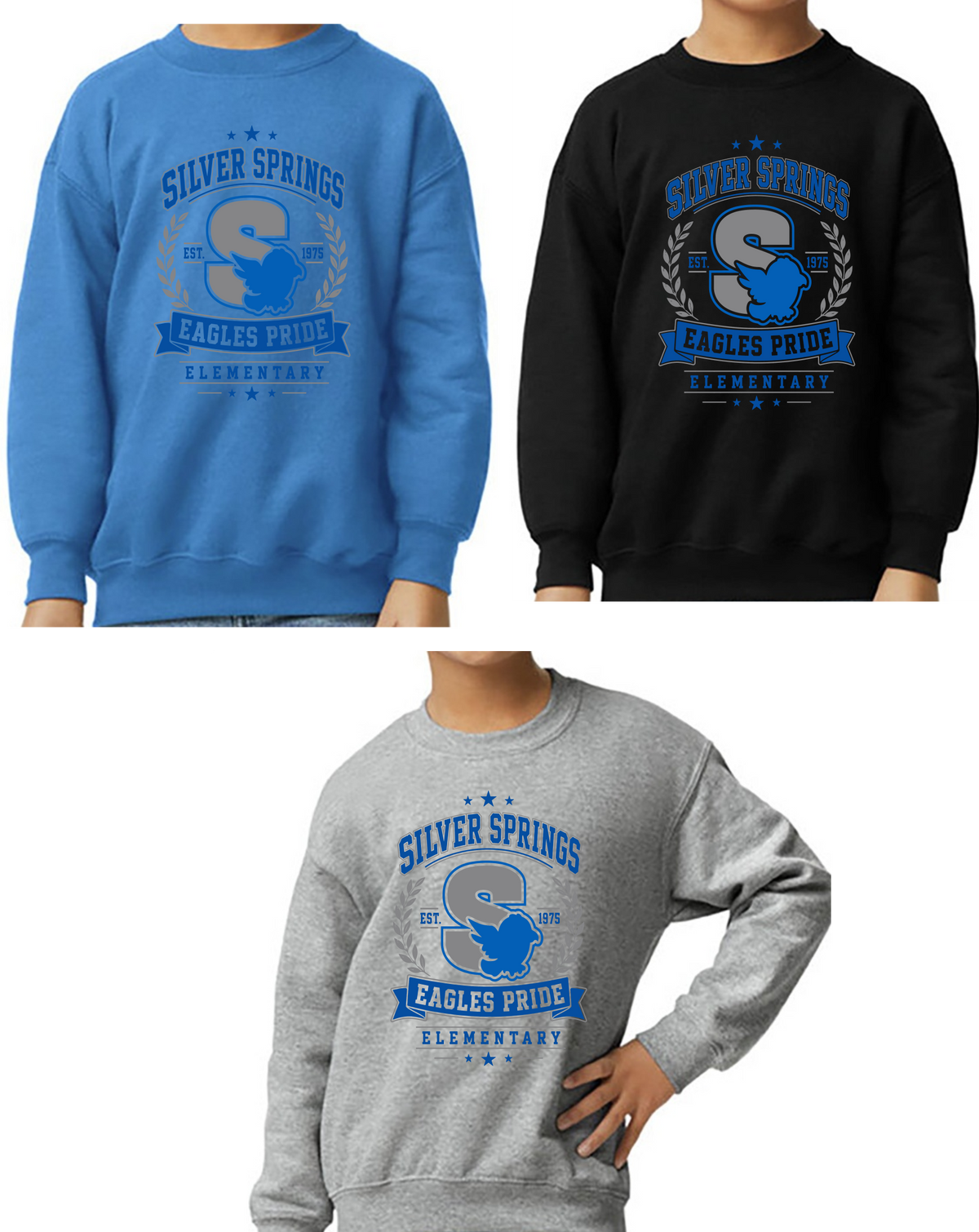 Silver Springs, Gildan Crewneck Sweatshirt, Youth and Adult Sizing, Logo 2, School Delivery