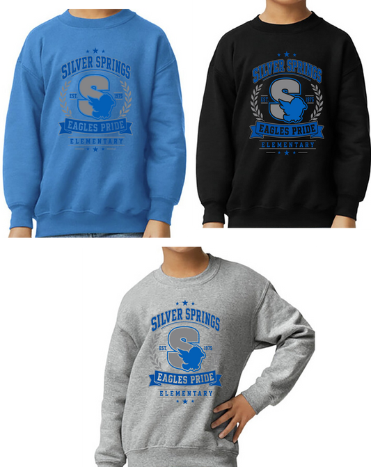 Silver Springs, Gildan Crewneck Sweatshirt, Youth and Adult Sizing, Logo 2, School Delivery