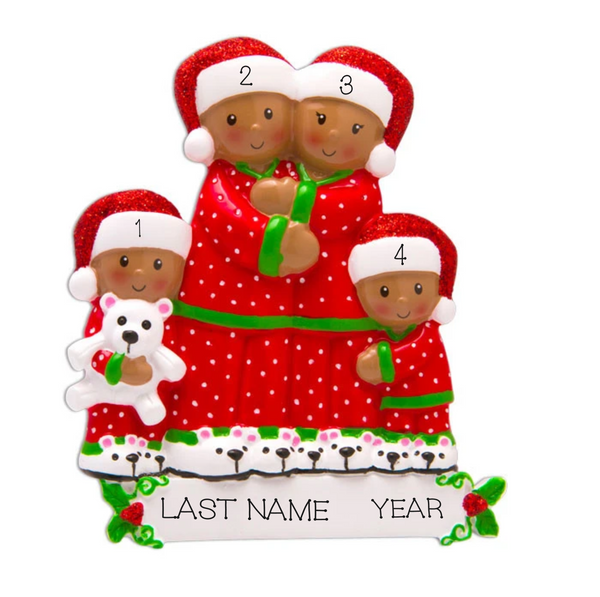 Pajama Family of 4, Personalized Ornament, Dark Skin
