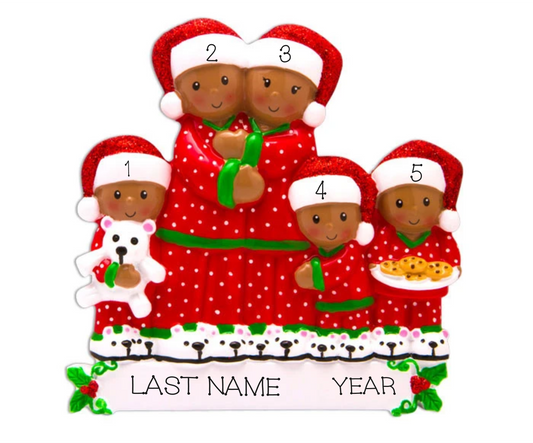 Pajama Family of 5, Personalized Ornament, Dark Skin