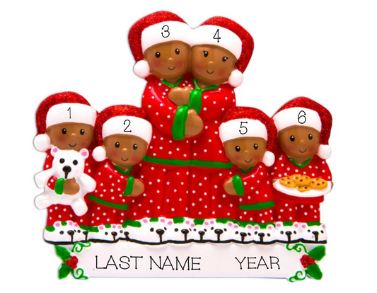 Pajama Family of 6, Personalized Ornament, Dark Skin, African American