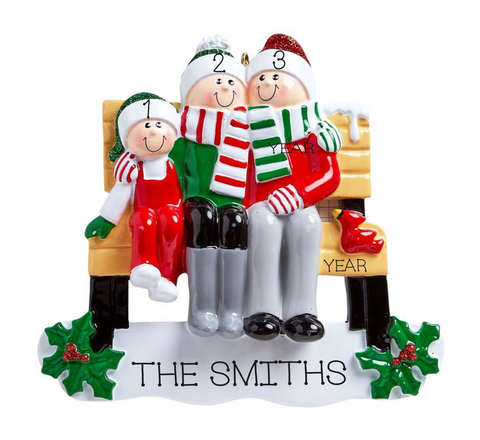 Park Bench- Family of 3 Personalized Ornament