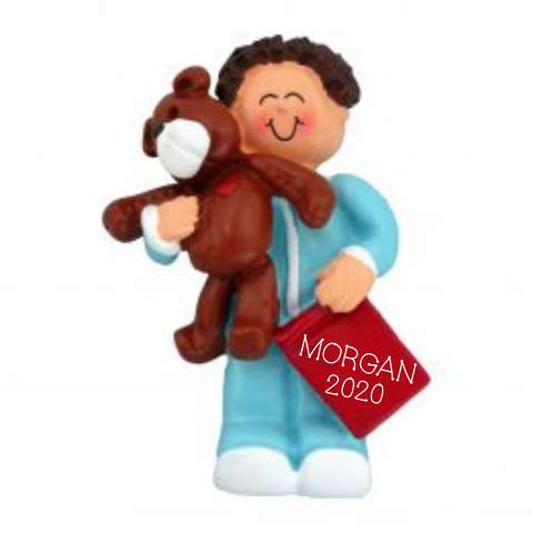 Toddler Boy with Bear, Brown Hair Christmas Ornament
