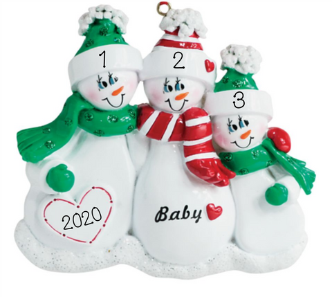 Expecting Snow Family Personalized Christmas Ornament- Family of 3