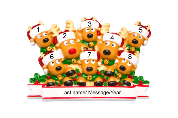New Reindeer Family of 8, personalized ornament