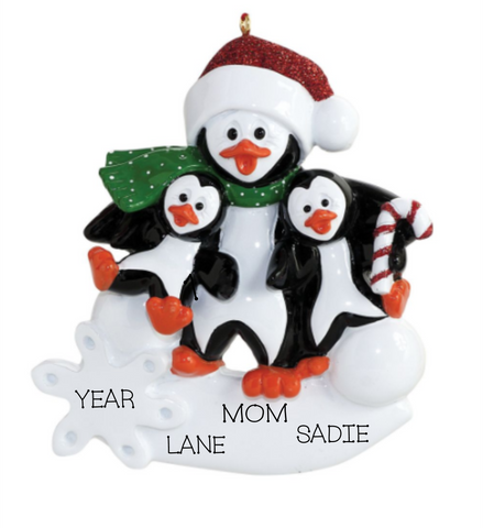 Single Parent Penguin, with two children- Personalized Ornament