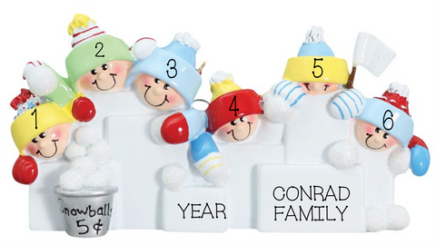 Snowball Fight- Family of 6 personalized ornament