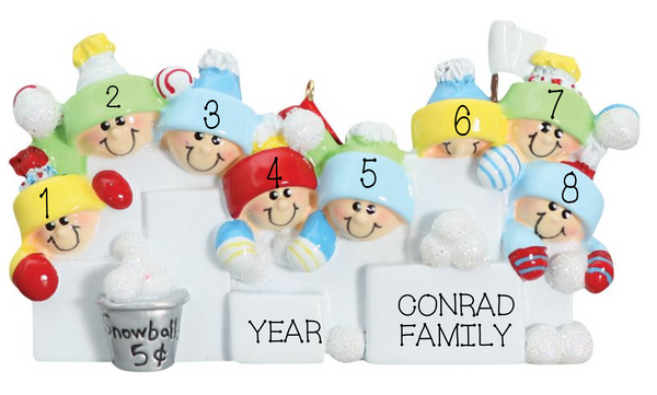 Snowball Fight- Family of 8 personalized ornament