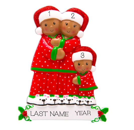 Pajama Family of 3, Personalized Ornament, Dark Skin, African American