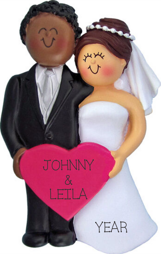 Wedding Couple Ornament-Dark Skin Male, Brown Hair Light Skin Female