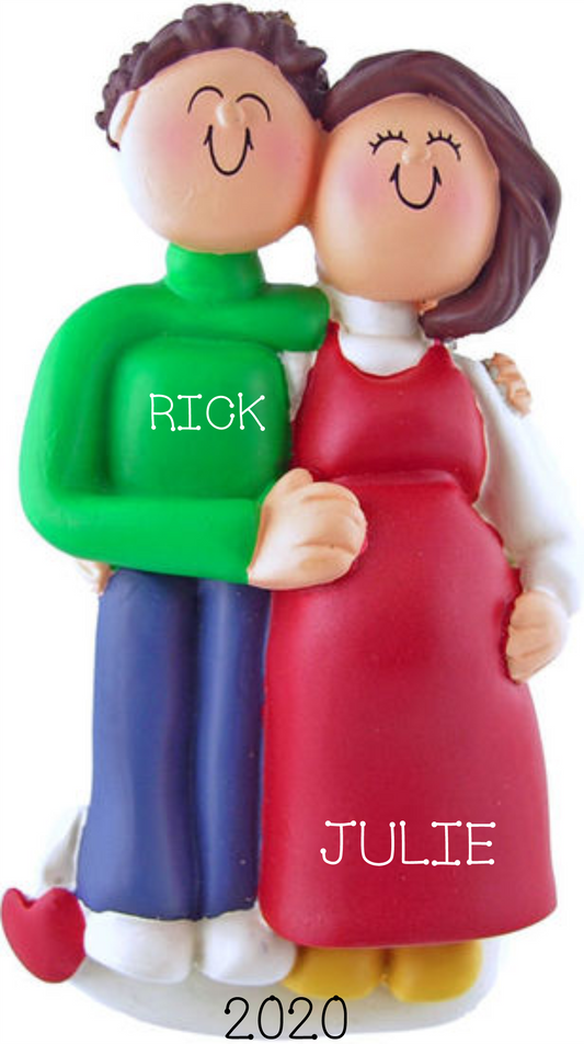 Pregnant/Expecting Couple Brown Hair Female, Brown Hair Male, Personalized Ornament