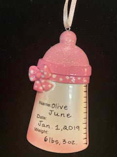 Baby Bottle, Pink- Personalized Christmas Ornament