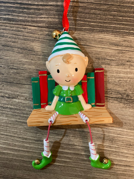Elf sitting on shelf- Personalized Christmas Ornament