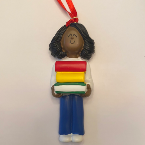 Student with books, Dark Skin, Female- Personalized Christmas Ornament