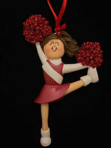 Cheerleader with Brown Hair and Red Uniform- Personalized Ornament