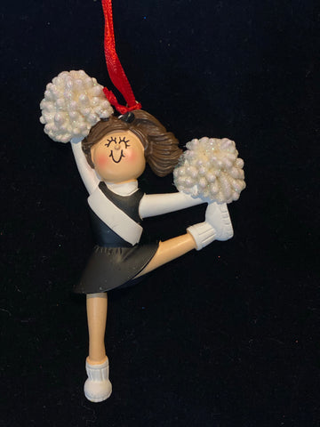 Cheerleader with Brown Hair and Black Uniform- Personalized Ornament