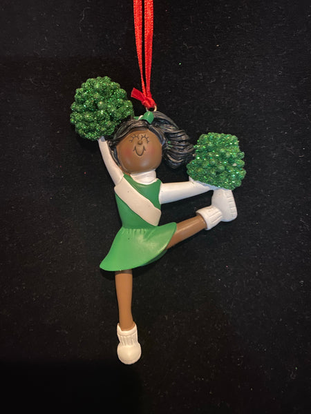 Cheerleader with Green Uniform, Dark Skin- Personalized Ornament