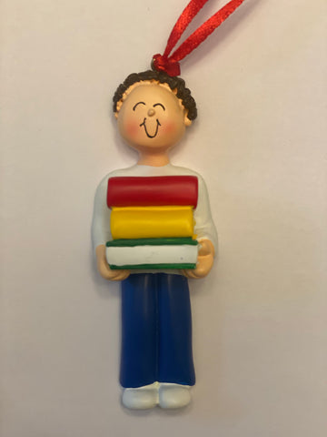 Student with books, Brown Hair, Male- Personalized Christmas Ornament