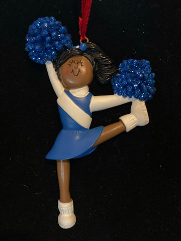 Cheerleader with  Blue Uniform, Dark Skin- Personalized Ornament