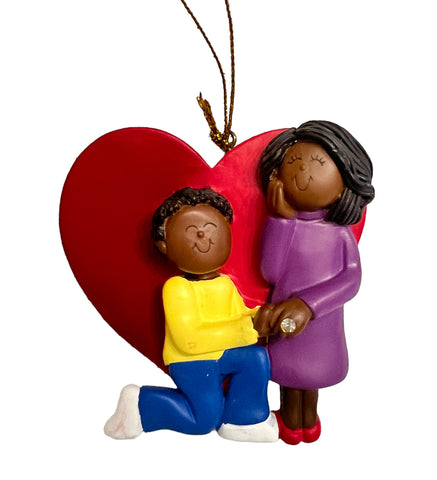Engaged Couple with Heart, Dark Skin, Personalized Ornament