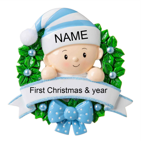 Baby Boy in wreath - Personalized Christmas Ornament