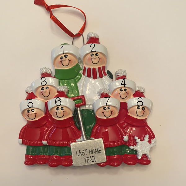 Family with Shovel, family of 8 personalized ornament
