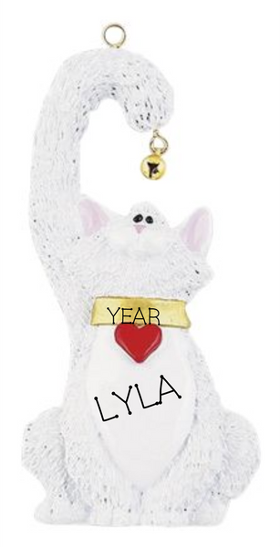 White Cat with bell- Personalized Ornament