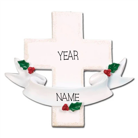 White Cross, In loving memory - Personalized Christmas Ornament