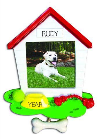 White Dog House Frame Personalized Christmas Ornament